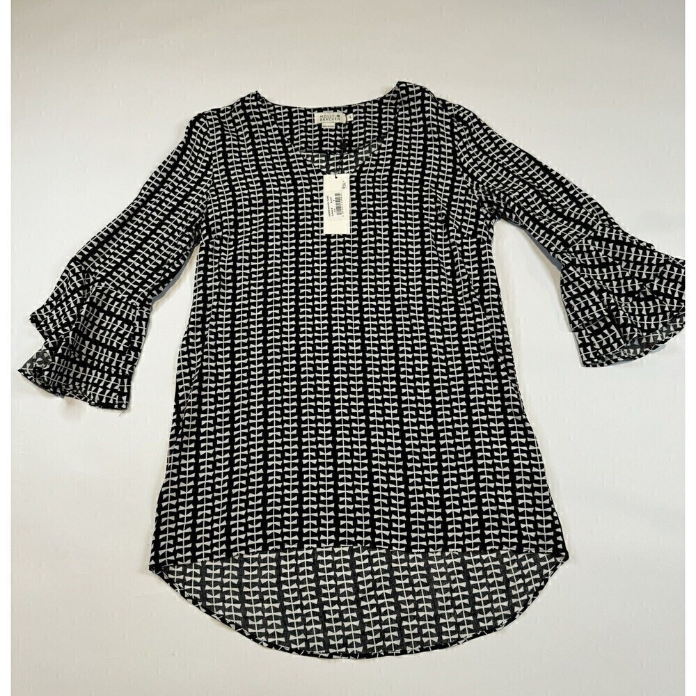 NWT Molly Bracken Tunic Bell Sleeves Blouse Shirt Womens Small Black White NEW